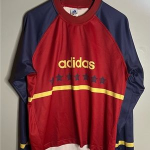 Adidas Red and Blue Vintage Raglan Jersey with Yellow Accents Size XL